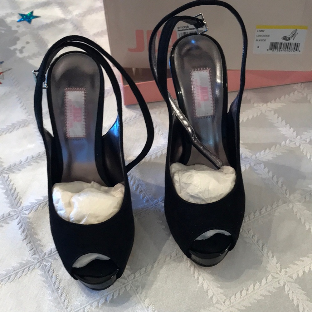 JLO size 5 black shade adjustable sling back platform high heels. Never worn.
